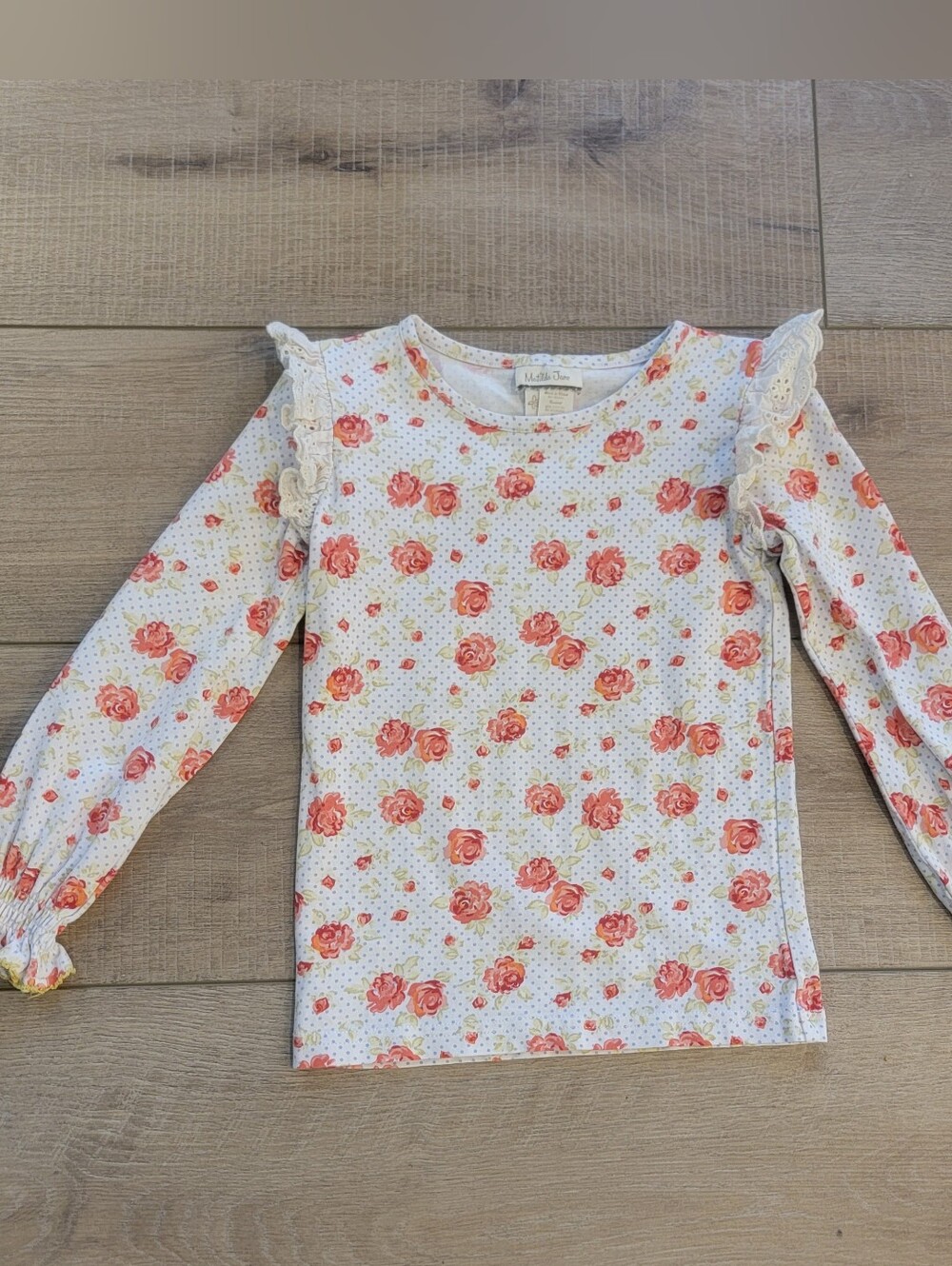 Matilda Jane Girls Size 4 Georgia Top Floral Polka Dot Long Sleeve Ruffle Eyelet